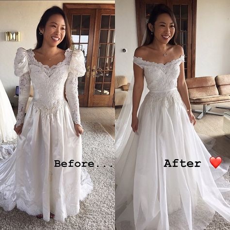 A bride modeling before and after up cycled Wedding gown 2025 wedding gown trends