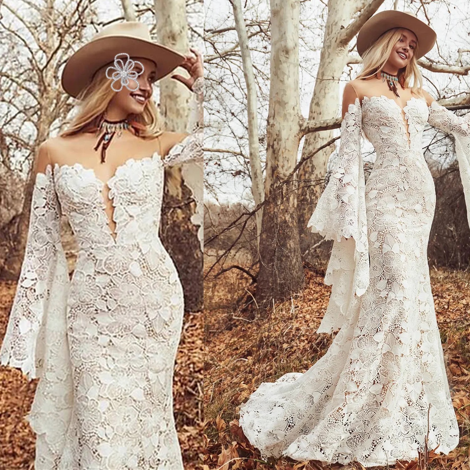 bold sleeves on a Boho style wedding gown trending for 2025