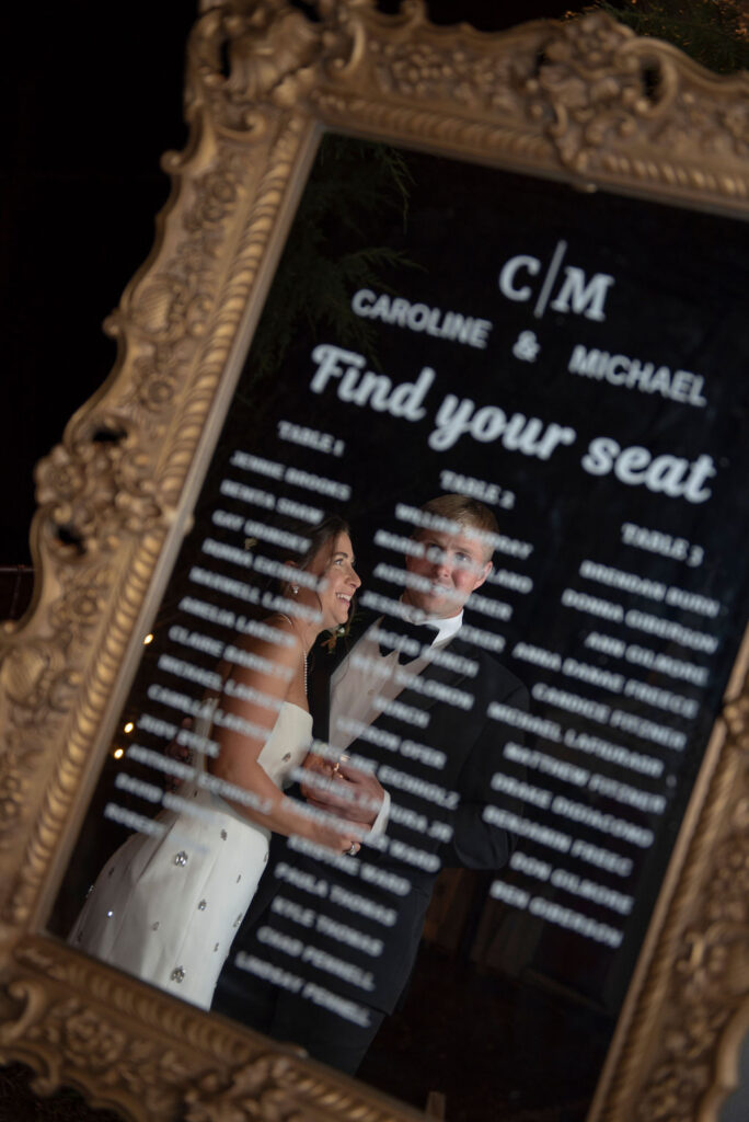  A reflective seating chart shows the guests to their seats at Ballenger Bridge in Greenville Spartanburg South Carolina wedding venue