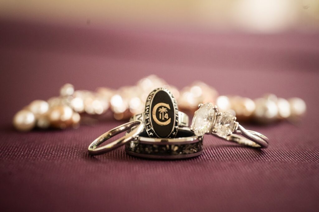 Engagement ring, wedding ring and grooms ring