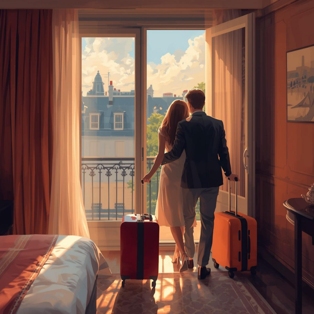 What Is a Hotel Room Block for Weddings? Newlyweds booking a hotel room block for their honeymoon using HotelPlanner.com
