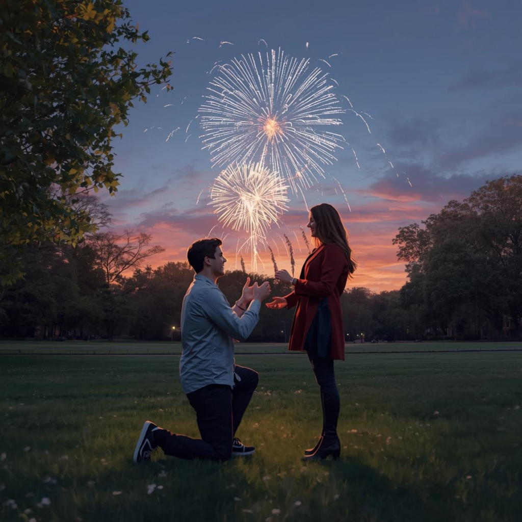 Couple getting engaged at their surprise proposal at the best 4th of July Fireworks Events in Greenville SC
