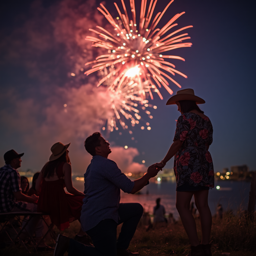 Couple getting engaged at their surprise proposal at the best 4th of July Fireworks Events in Greenville SC